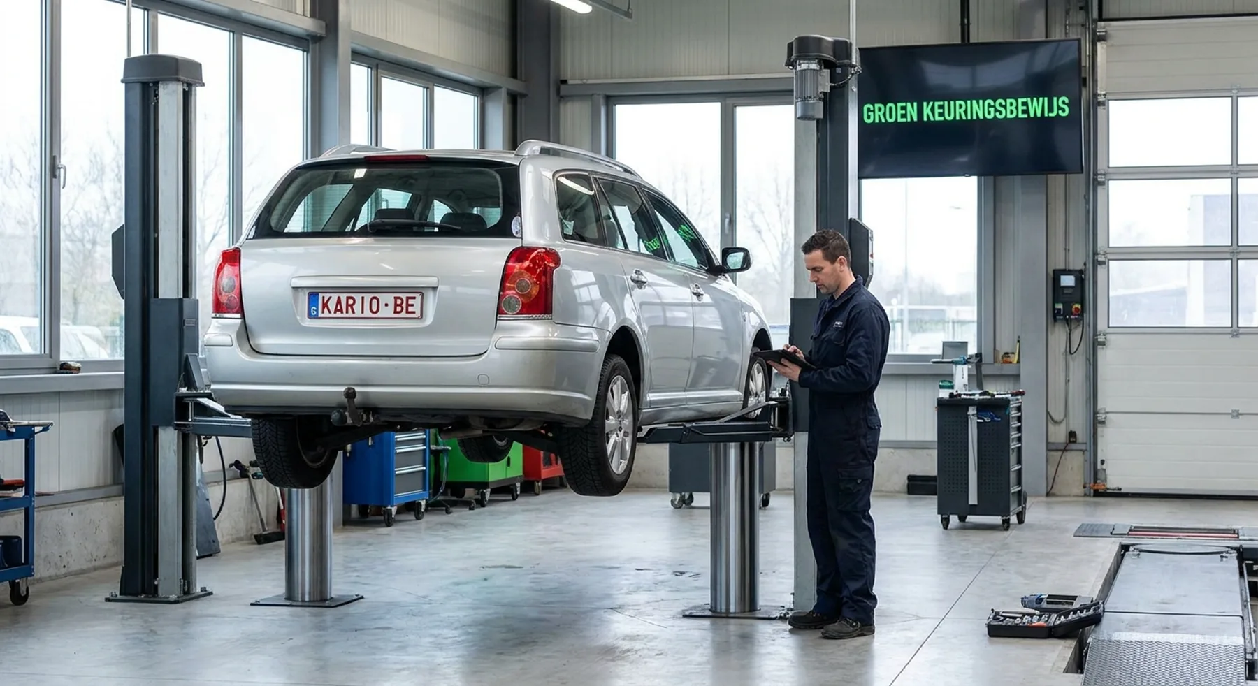 Auto op de hefbrug in een keuringslijn, klaar voor de controle van de autokeuring