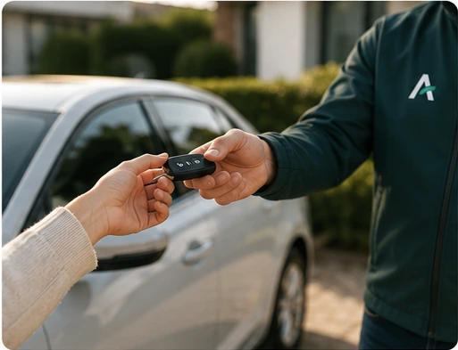 Klant geeft de autosleutel aan een lokale Kario-partner